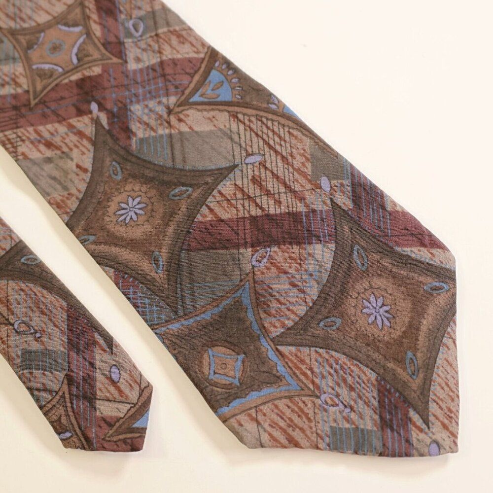 Peters‎ & Ashley Abstract Floral Green Maroon Beige Short Wide Silk Tie